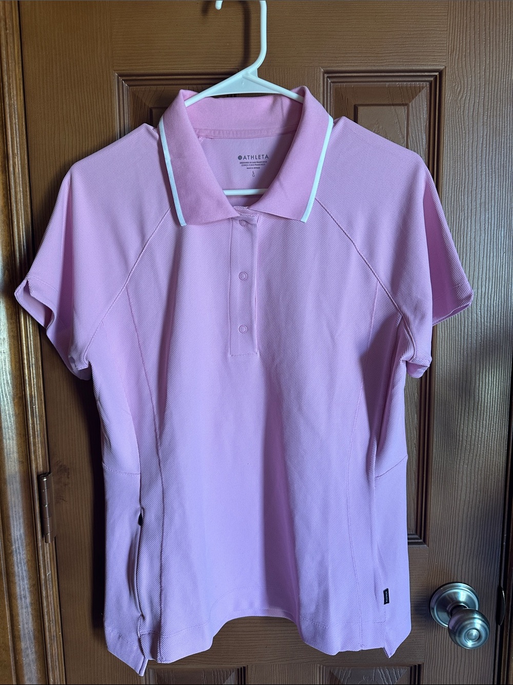 Athleta Women’s Pink Everyday Polo Shirt with White Collar Trim, size Large